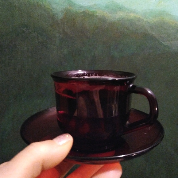 French Vintage Ruby Red MCM Glass Cups and Saucers Set Tea Coffee Arcoroc France - Picture 9 of 10